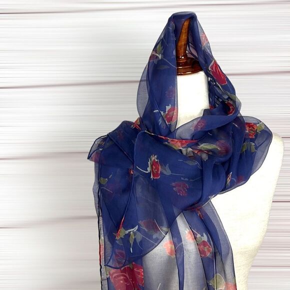 Silk Chiffon Blue with Floral Roses Print Lightweight scarf - Picture 9 of 13